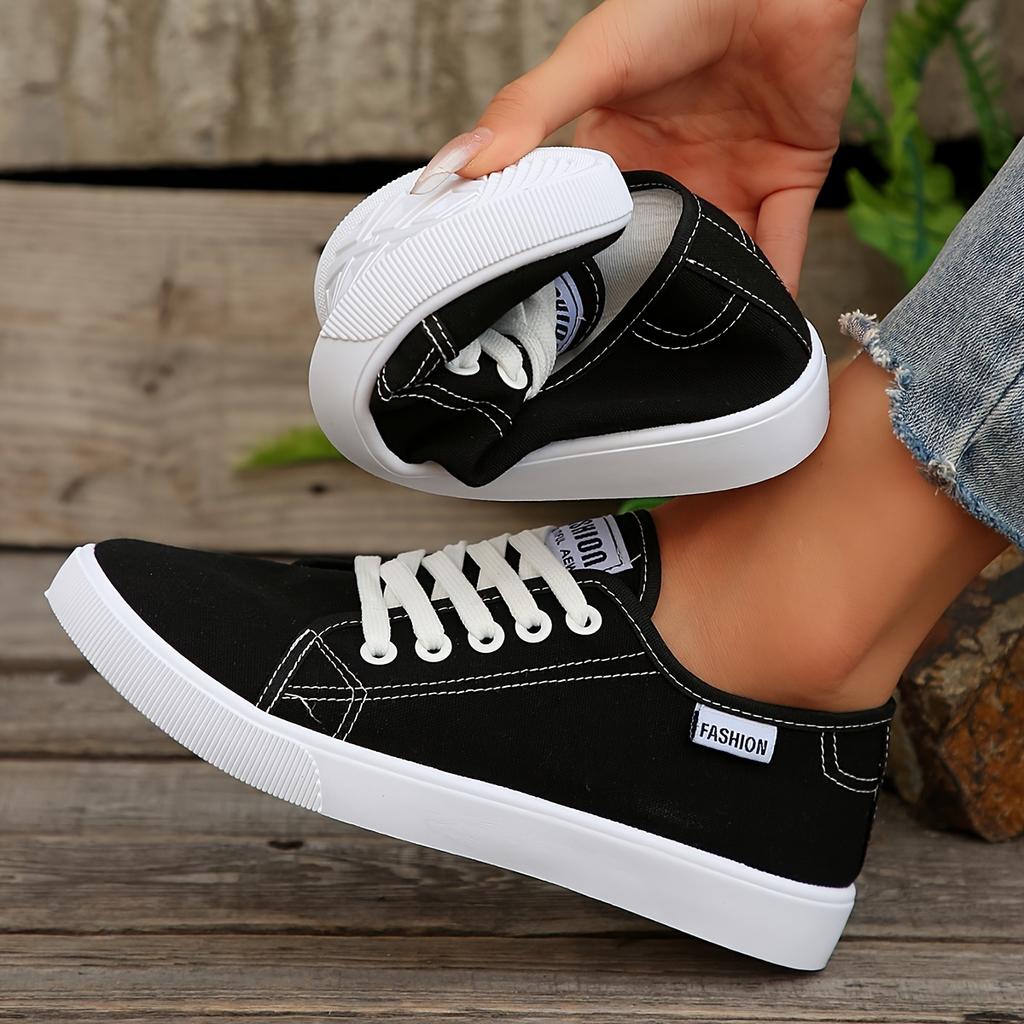 Women's Casual Canvas Sneakers Lightweight Lace-Up Low Tops Shoes for Spring Fall Breathable Black & White Sneakers