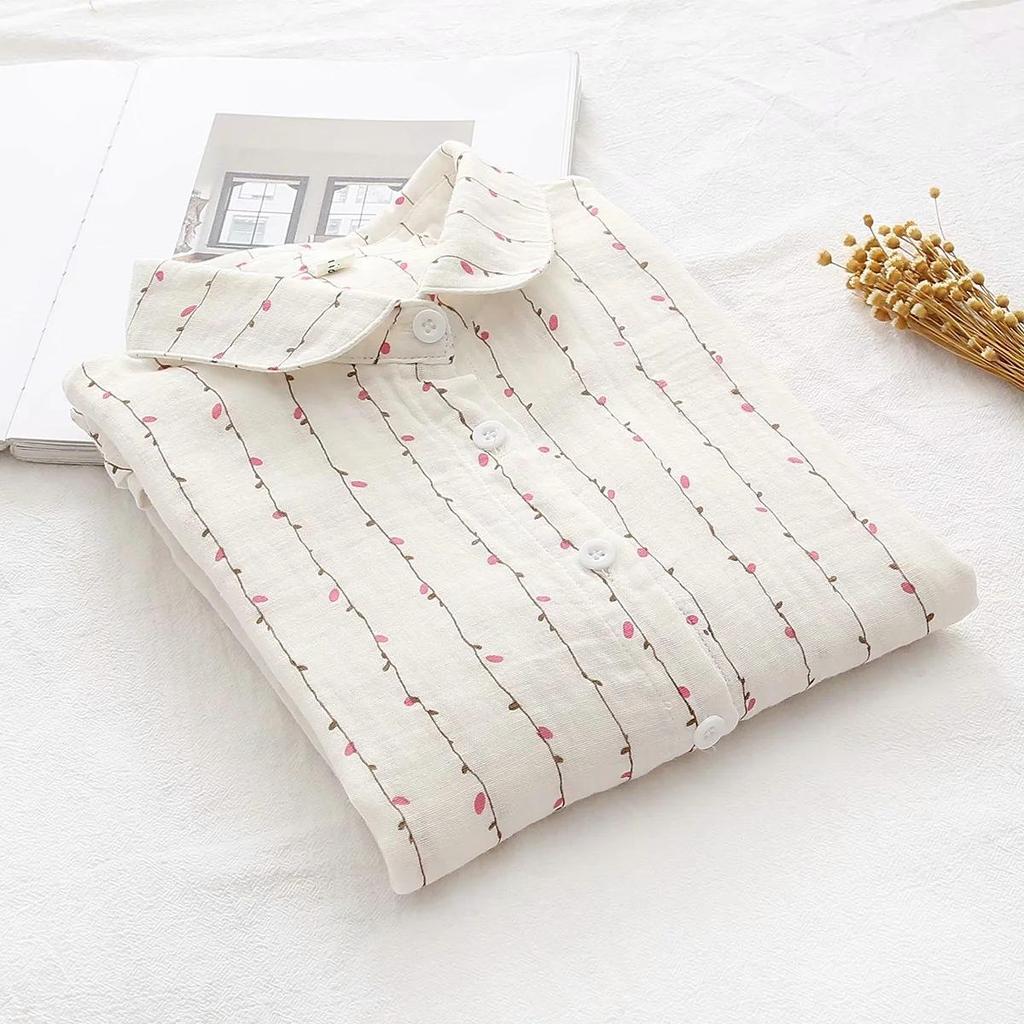 Spring Autumn Women White Shirts Cotton Yarn Floral Printing Long Sleeve Lady Tops Loose Blouses Soft Female Clothing