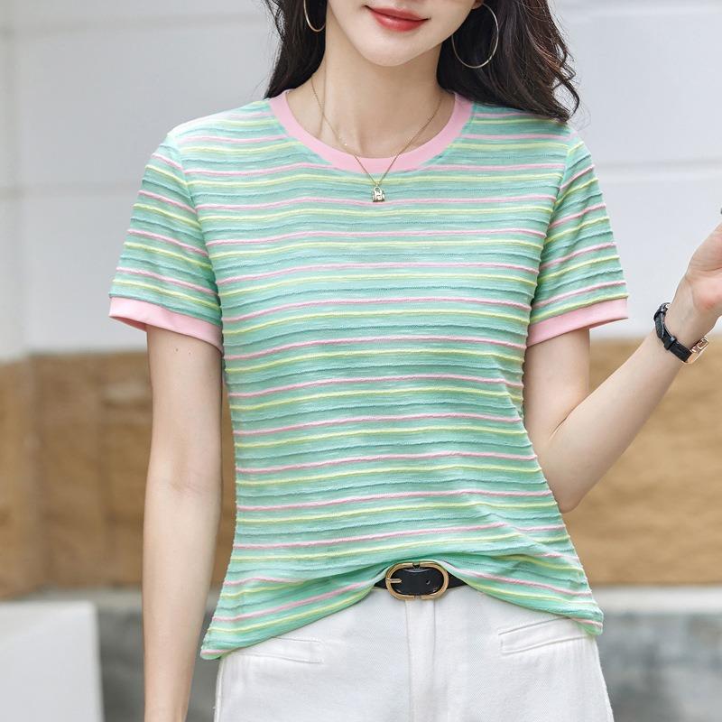 Summer Color-blocking Striped Short-sleeved T-shirt, Summer Dopamine Loose Slimming Plus-size Cover-up Top
