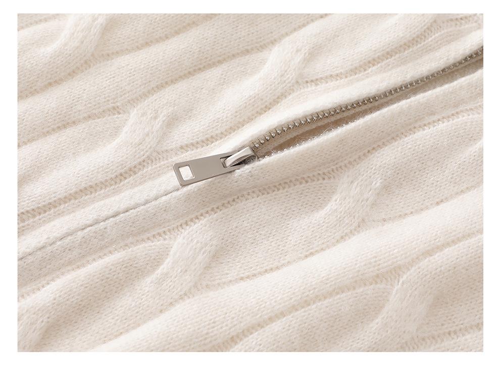 Lekasha Ribbed Aran Pattern Cashmere Cardigan - Soft Old Sheepskin Stand Collar Zipper Plush.