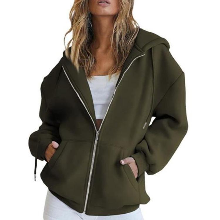 Women Warm Hoodie Winter Autumn Casual Loose Long Sleeves Cardigan Solid Color Zipper Hooded Drawstring Outerwear