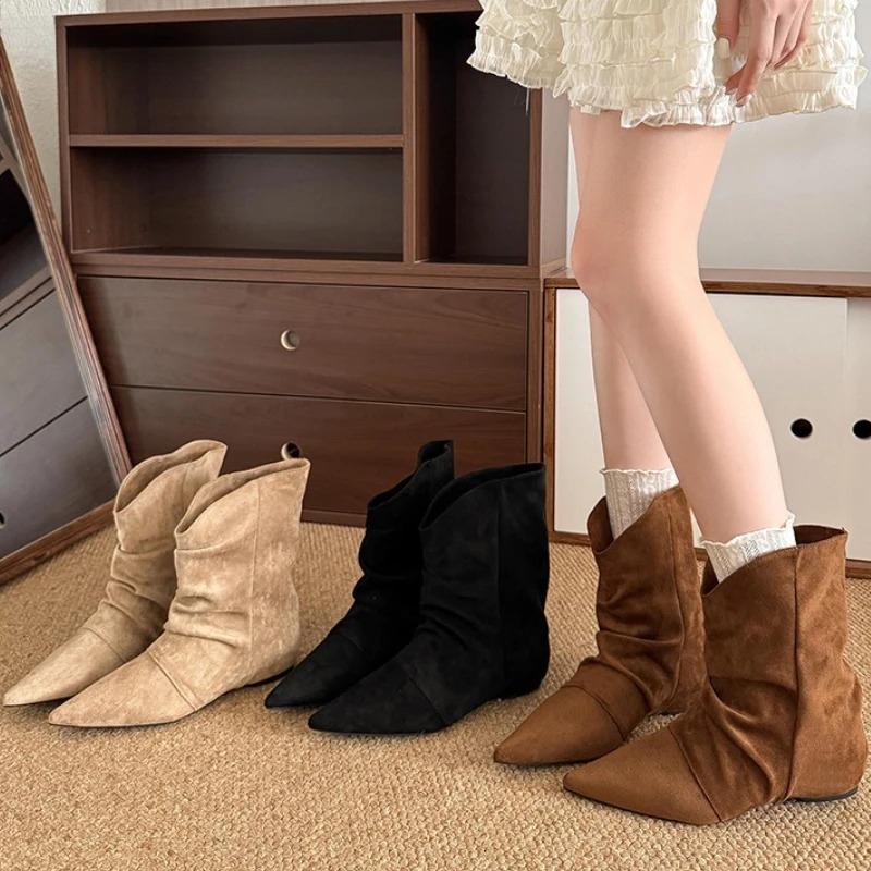 Botines de Punta Aguda con Diseño Vintage para Mujer Moda Slip-On Botines Bajos Zapatos de Otoño Invierno para Mujer