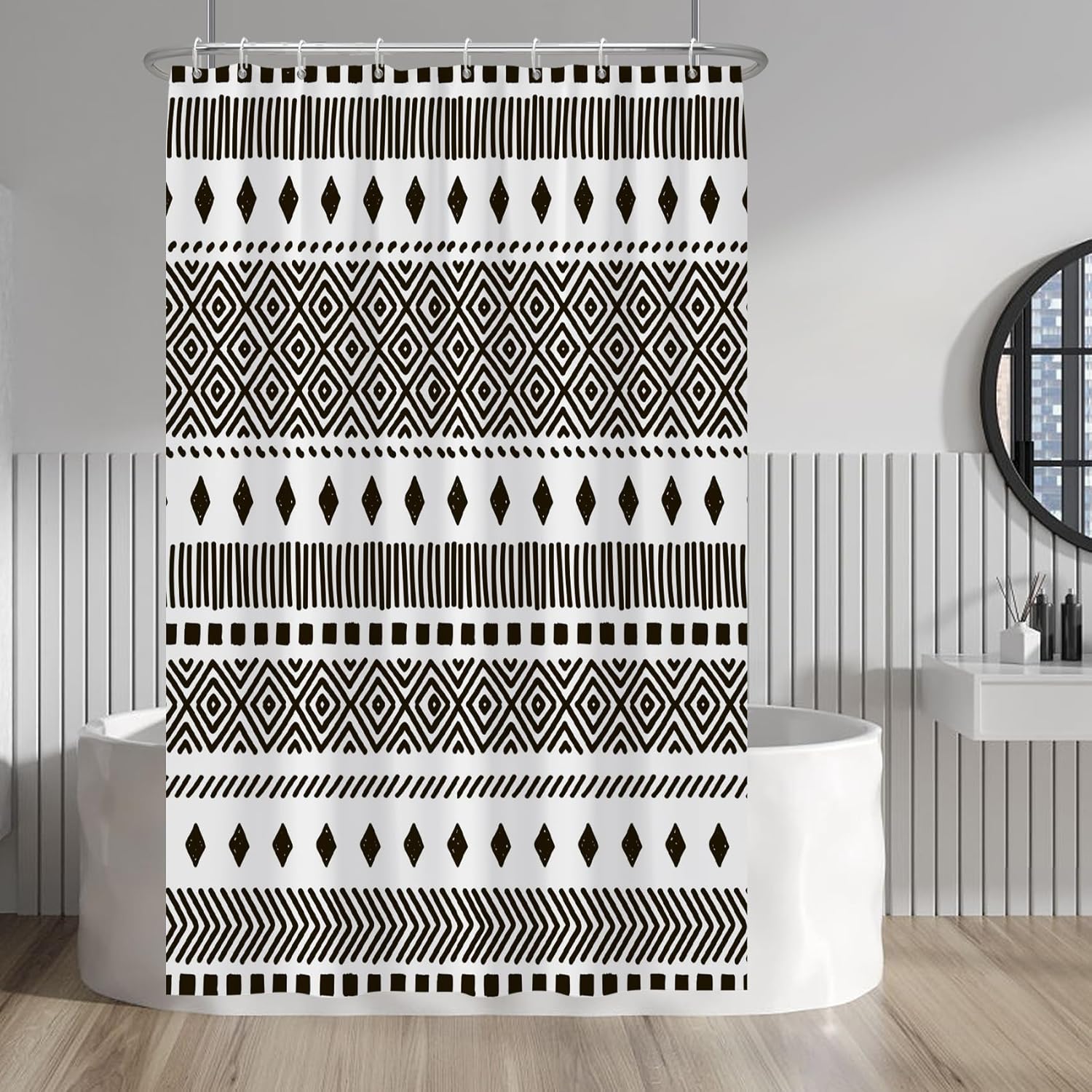 

Geometric Tribal Shower Curtain Black White Pattern Boho Decor Modern Bathroom Design Ethnic Print Bath Accessory Minimalist W60H190(CM)-1 Pcs