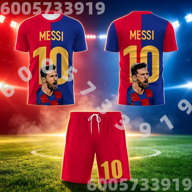 2026 Neuer KI Messi # 10 Schnelltrocknender Fußball-Trainingsanzug Eltern-Kind-Outfit Sommer Kinder Erwachsenen T-Shirt Shorts Lockeres Set