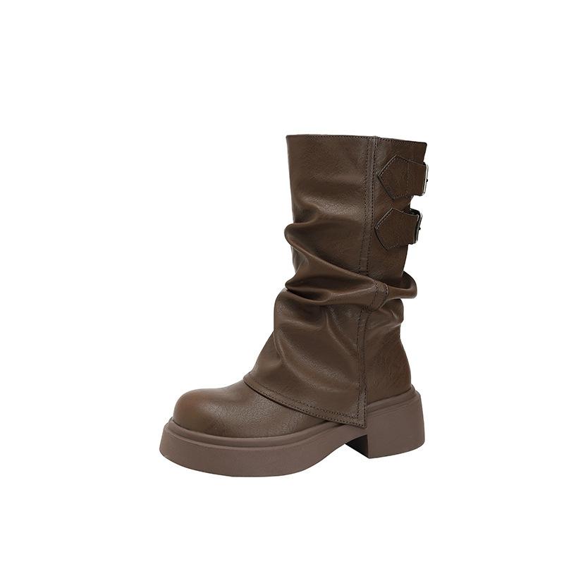 British style short boots children 2025 new autumn and winter pleated knight boots thick-soled trouser tube boots women's pile student boots