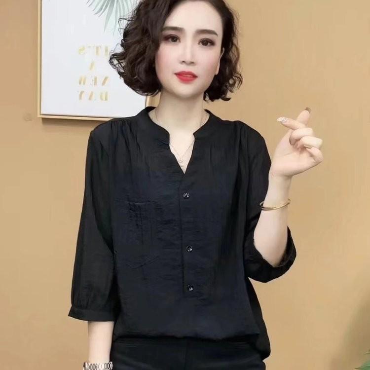 Elegant Plus Size Summer Mid-Sleeve Slimming Pure Color Top for Women