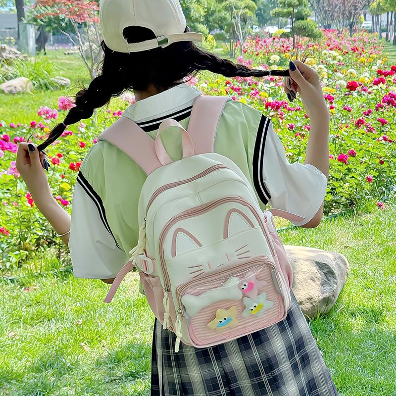 Zaino Gatto Kawaii Ita Bag Grande Capacità Zaino Scolastico in Nylon con Tasca Trasparente per Pin Zaino Anime Carino per Ragazze