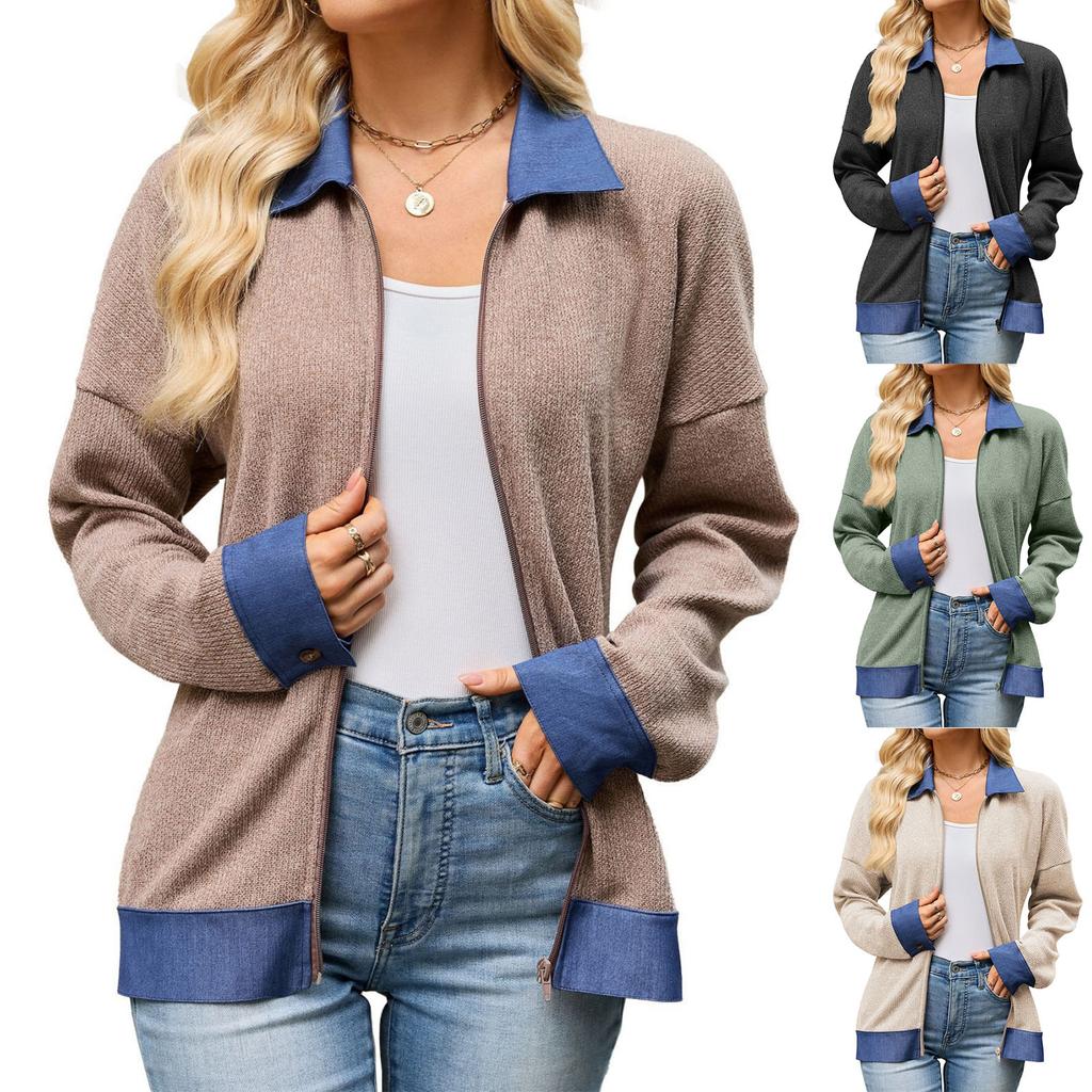 Women's Fashion Color Denim Jacket with Turn-Down Collar, Long Sleeve, Zip Front, Loose Fit