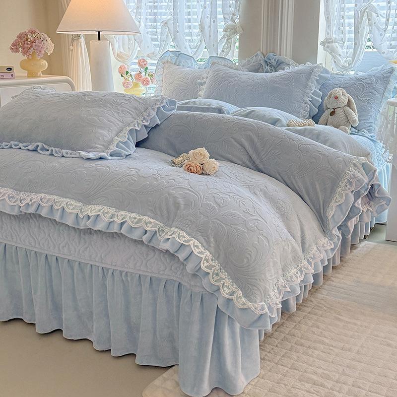 French Bed Cover Lace Thickened Milk Fleece Four-Piece Double-Sided Baby Fleece 1.8