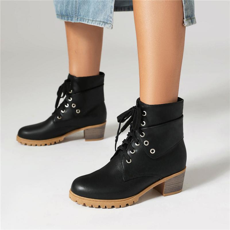 FOREADA Women Ankle Short Boots Round Toe Thick Mid Heels Lace-up Combat Boots Ladies Fashion Shoes Winter Black Blue Camel 43