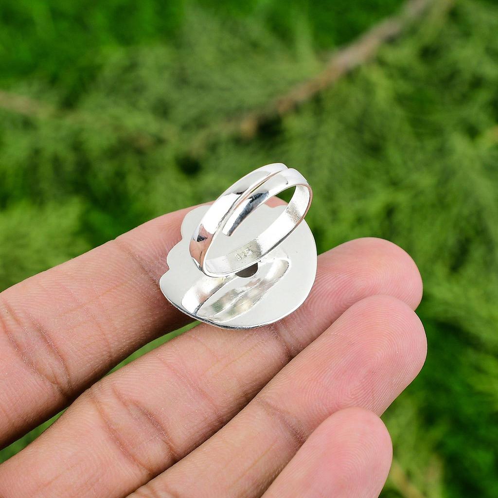 Natural Rainbow Moonstone Stackable Flower Adjustable Ring 925 Silver