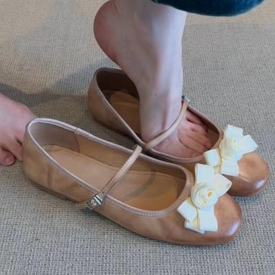 Cowhide Version~ Retro One-button Mary Jane Small Leather Shoes Women's Genuine Leather French Gentle Flat-bottomed Flower Ballet Shoes