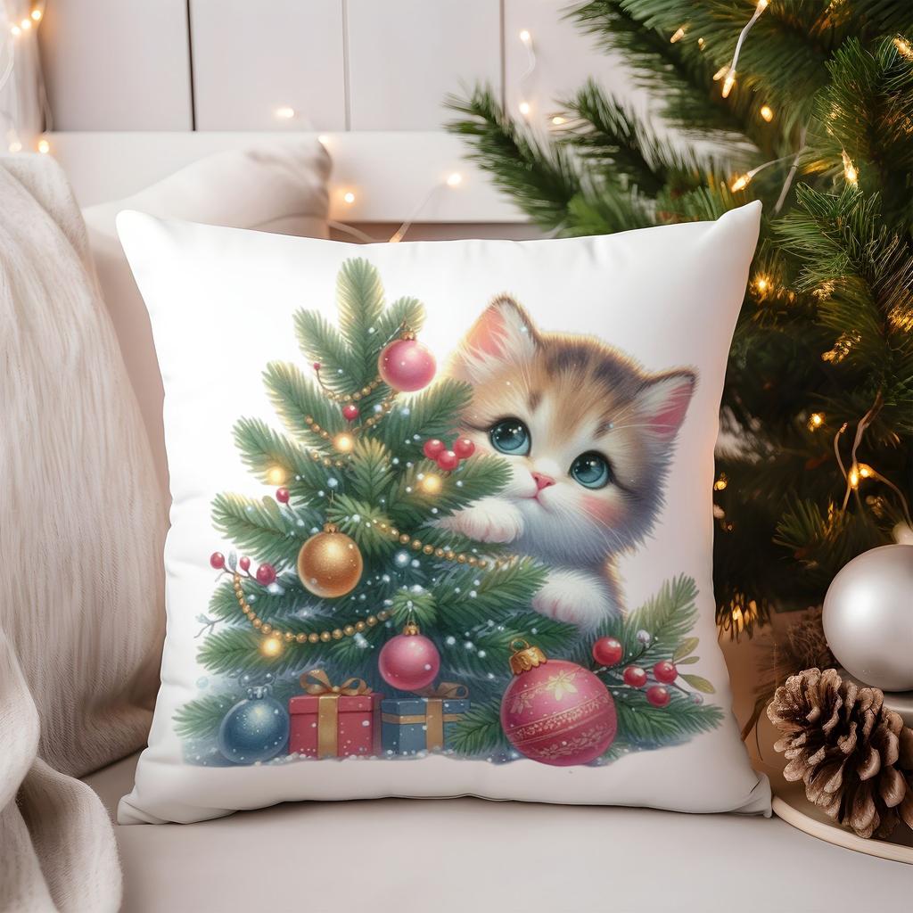 Cat and Christmas Tree Pattern Square Polyester Pillowcase Sofa Living Room Cushion Cover Bedroom Bedside Pillow Cover