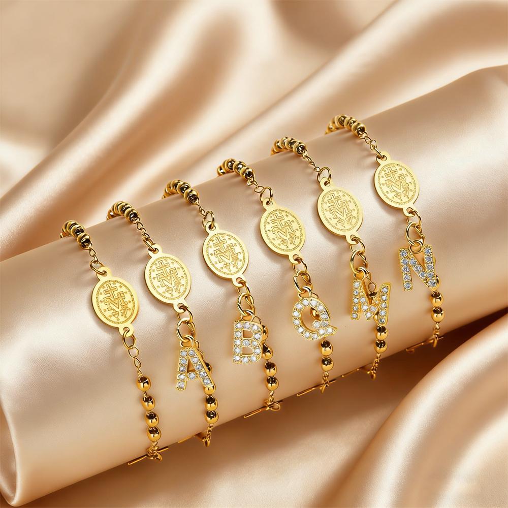 Stainless Steel Rosary Virgin Mary Beaded Bracelets with A-Z Initial Letter Pendant, Gold Plated Religion Jewelry for Women