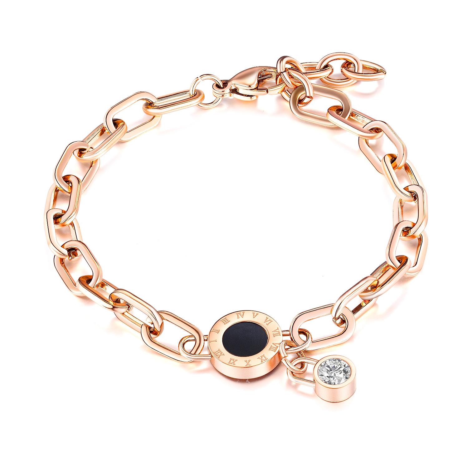 

Rose Gold Color Roman Number CZ Bracelet for Woman Girl Adjustable Lobster Wristband Stainless Steel Chain Link Gifts