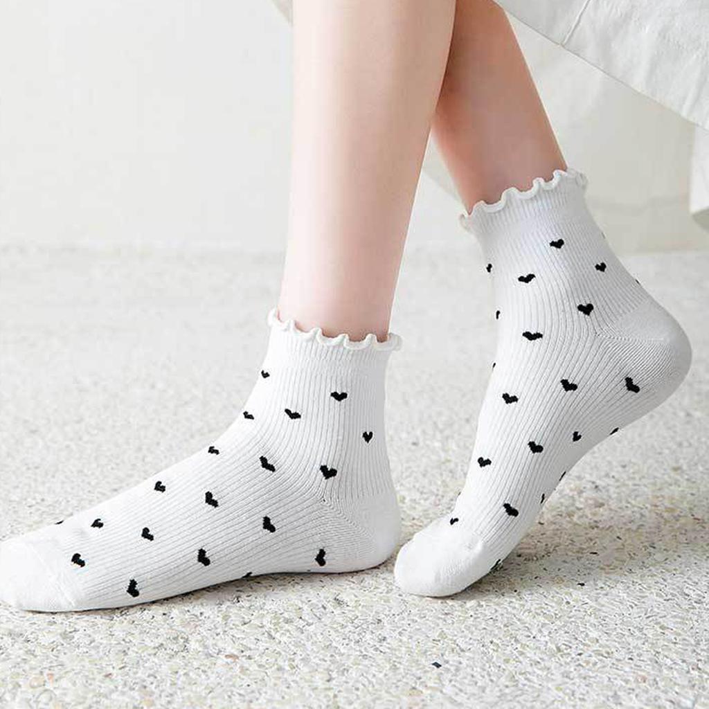 5 Paar Niedliche Socken für Damen mit Liebesherz-Print, Japanische Schlichtheit, Elegante Damen-Kurzsocken, Weich, Atmungsaktiv
