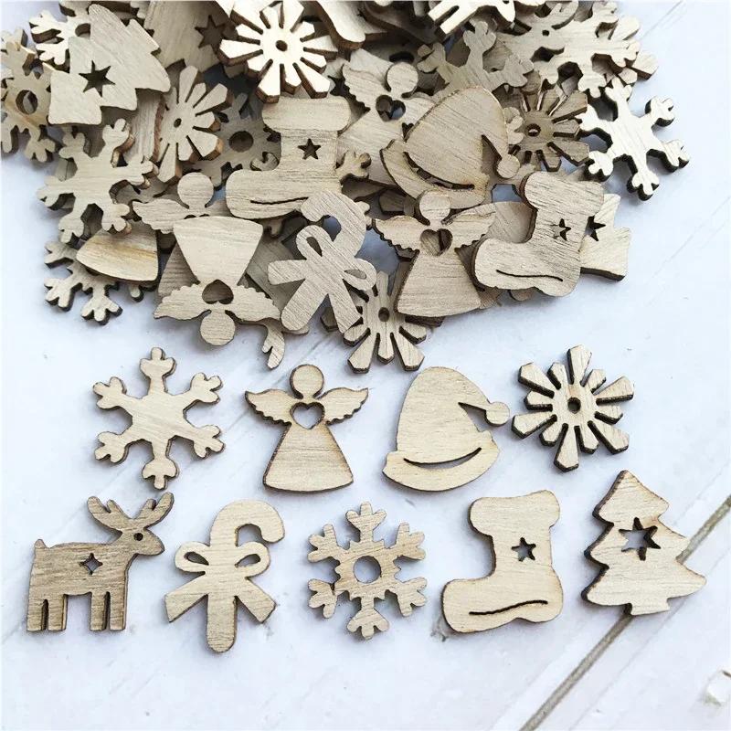 50 stuks Natuurlijke Houten Kerstboom Decoraties DIY Kerstman Sneeuwpop Hangende Decoraties Kinderen Vakantie Cadeaus