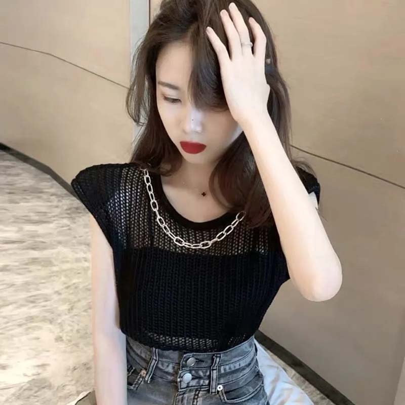 Dámská dutá vesta s kulatým výstřihem, bez rukávů, volné tenké pletené svetr top, řetízek, trendy sexy vykrojená halenka