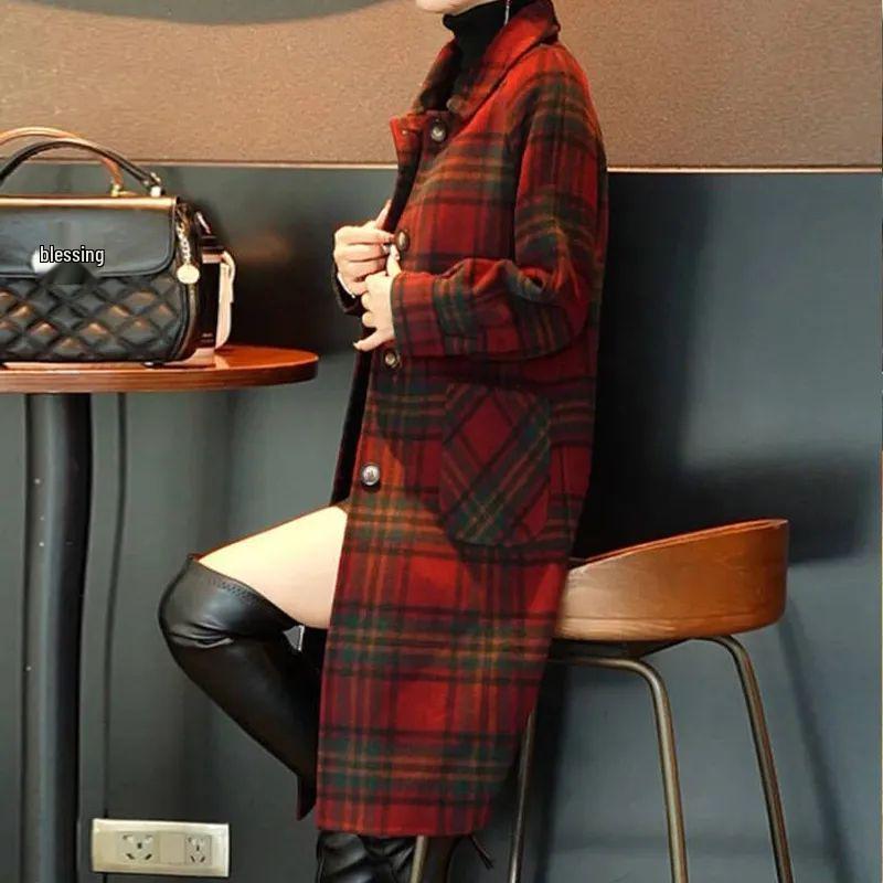 2024 Autumn/Winter Red Plaid Wool Coat - Korean Style Double-Faced Overcoat for Women, Perfect for Middle-Aged and Elderly Moms.