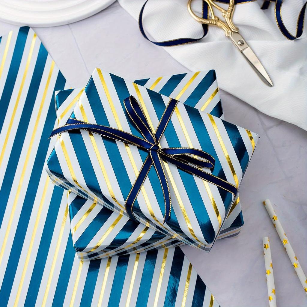 1Pc Gift Wrapping Paper Roll - Blue and Gold Stripes, Perfect for Birthdays, Holidays, Weddings, Christmas and Various Occasions.
