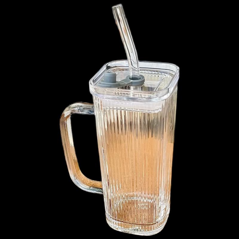 Shangqi Vertical Stripe Glass Beverage Cups with Lids & Straws (Set of 4)