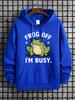 Drop Shoulder Hip Hop Sports Sweatshirt Men, Humorous Mood Frog Quote Print Daily Comfort Khaki Hoodie