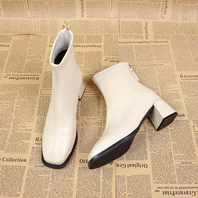 Thick heel square head short boots, thick sole heightened white velvet small short boots for women's autumn and winter new versatile
