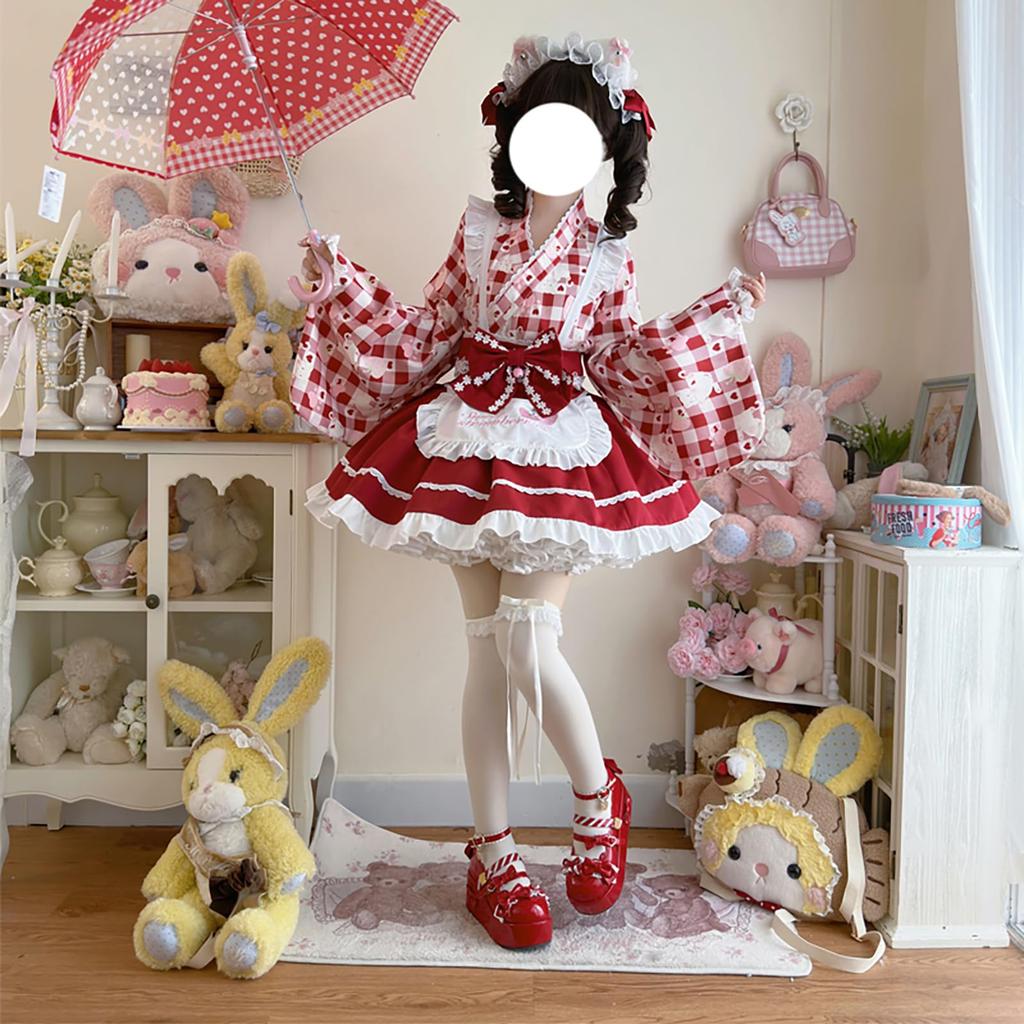 XHSUKADO Dress Set Includes Mini and Long Checkered Size M Women's 4-Piece Kimono/Yukata (Summer/Autumn), Top, Skirt, Apron, Obi, Ribbon. Cute,