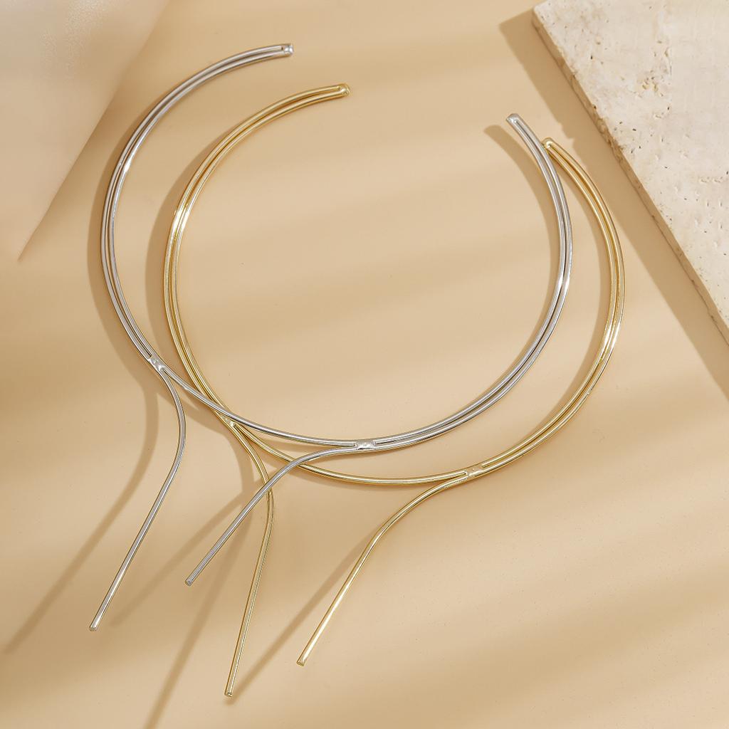 Punk style double-layer v-shaped open choker necklace, simple metal glossy plain collar jewelry