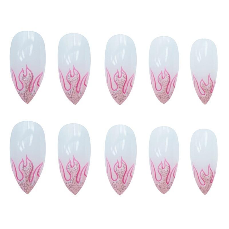 24pcs/set Reusable Flame Fake Nails Acrylic Coffin Ballerina Blue Pink Purple Silver Fire Full Cover False Nails Nail Tips Nail Art Tools
