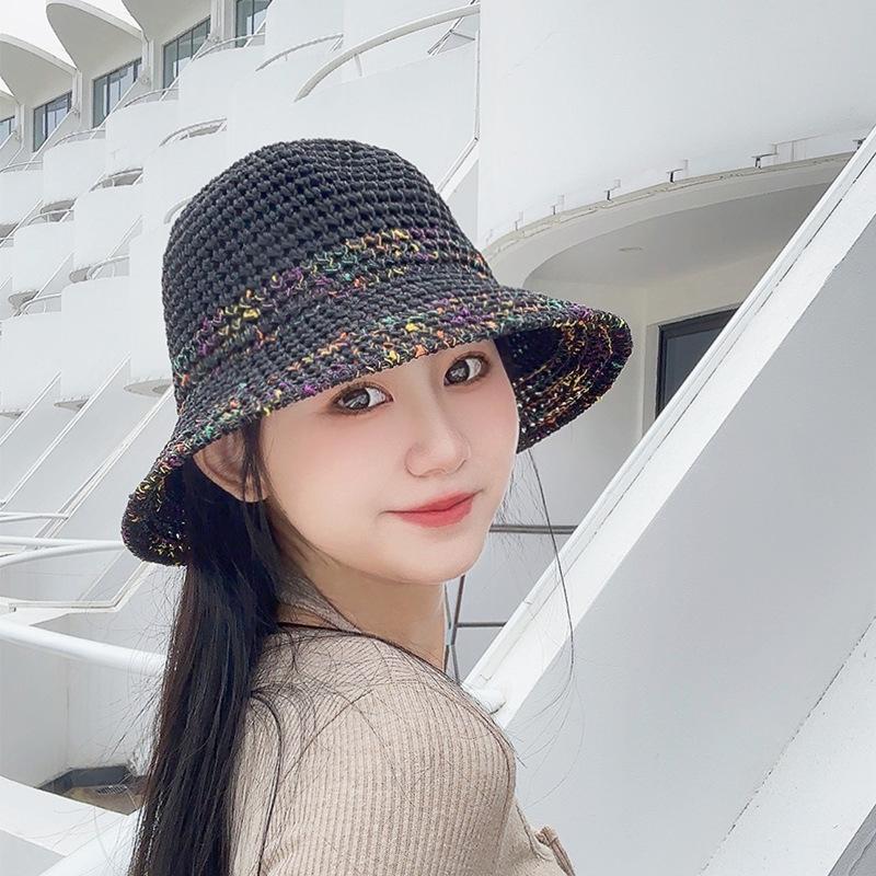 Women's Summer Straw Woven Fisherman Hat with Contrast Stripes Hollow Wide Brim Sun Protection Hat for Outdoor Travel Vacation Face-Covering Sun Hat