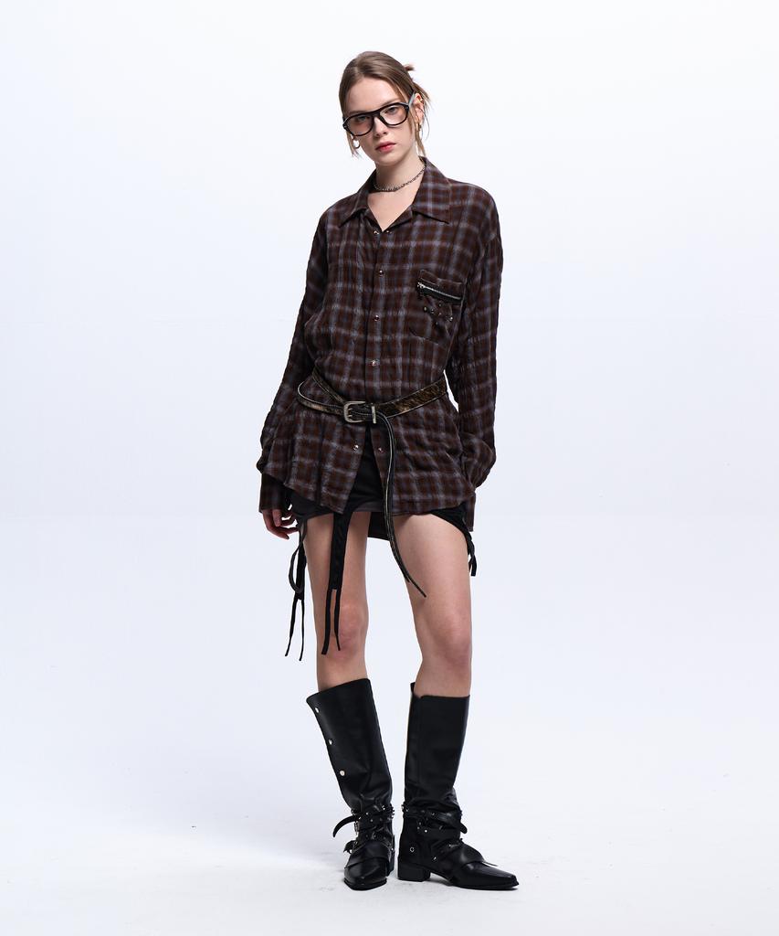 Aleseueseussi Rivet Zipper Check Shirt - Brown