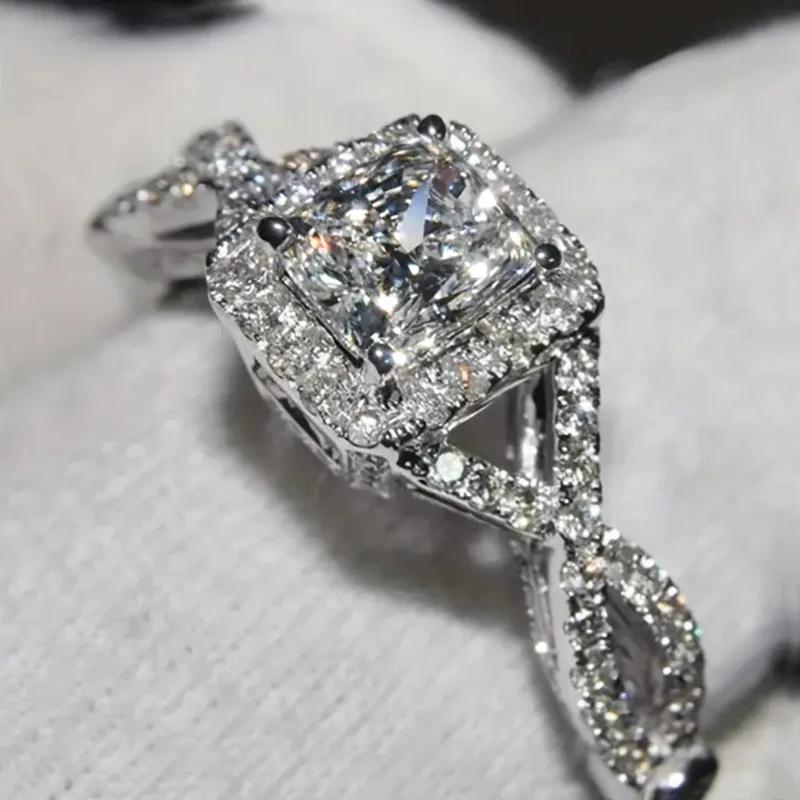 Classic Female Rings Sterling Silver Geometry Square Clear Zircon Rings for Women Wedding Statement Fine Silver 8