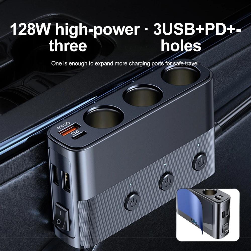 7-in-1 128W Car Charger Adapter PD QC3.0 Socket Splitter C28 Conversion Plug Quick Charge Adapter Acesssories