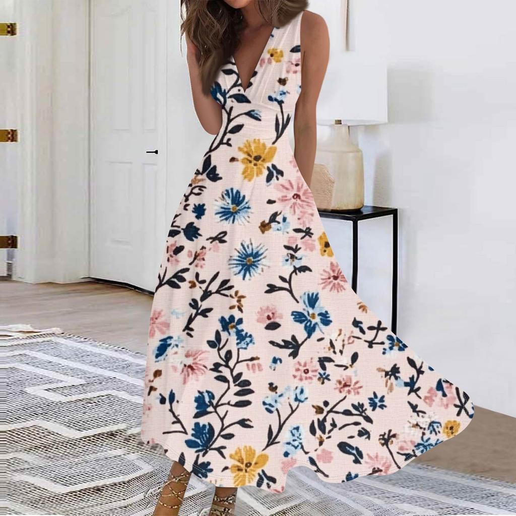 Mote dame avslappet løs V-hals ermeløs trykt kjole