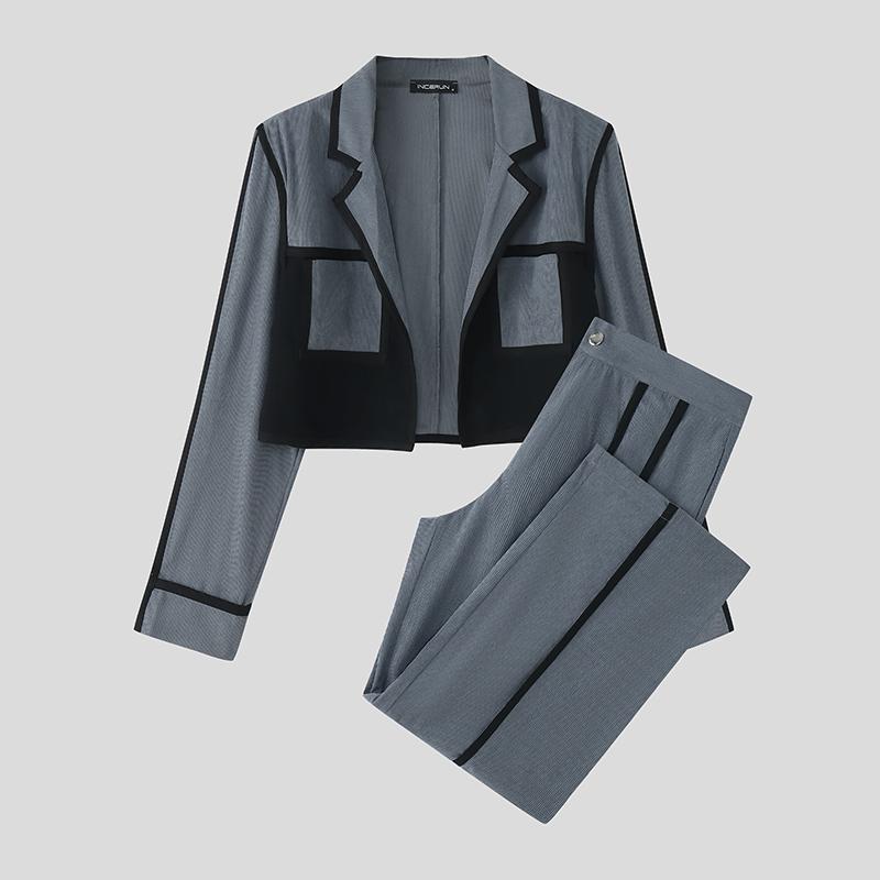 

INCERUN Two Pieces Men Stitching Long Sleeve Cropped Jackets and Long Pants Corduroy Outfits Sets 5XL