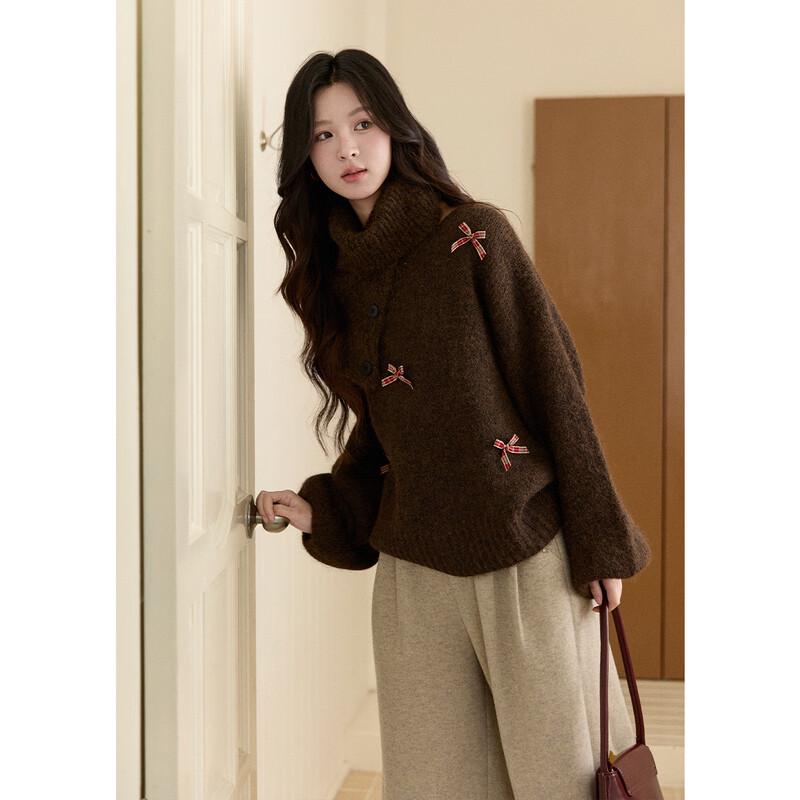 Women's French Retro Plaid Bowknot Sweater with Detachable Collar