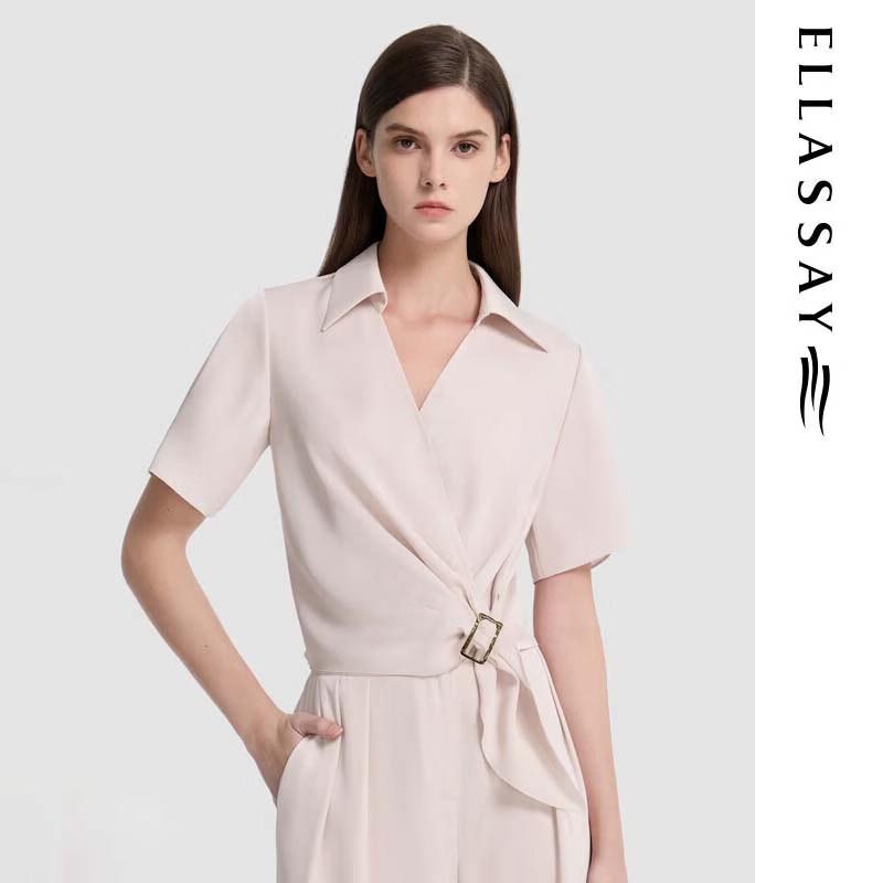 ELLASSAY Elegant Lapel Short Sleeve Shirt for Women S