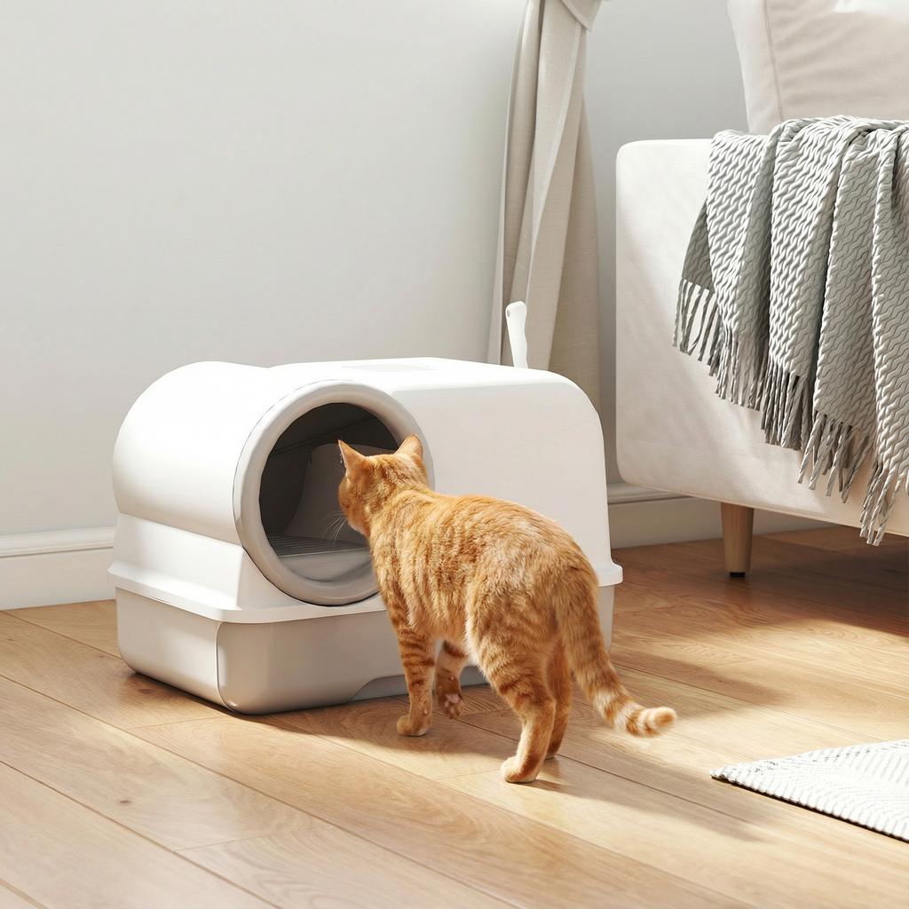 Enclosed Cat Litter Box with Tray, Scoop and Deodorant Bags, in PP, 59x39.5x39.5 cm, White and Grey