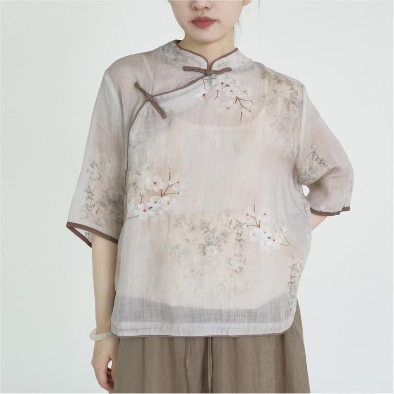 Johnature Women Chinese Style Shirts Tops Print Floral Stand Button Seven Sleeve Blouses Summer Vintage Shirts