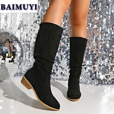 Schoenen met puntige neus en middelhoge hakken voor dames Mid-kuit laarzen 2025 Trend Mode Casual Geplooide hoge laarzen Nieuwe suède goth pumps Mujer Botas