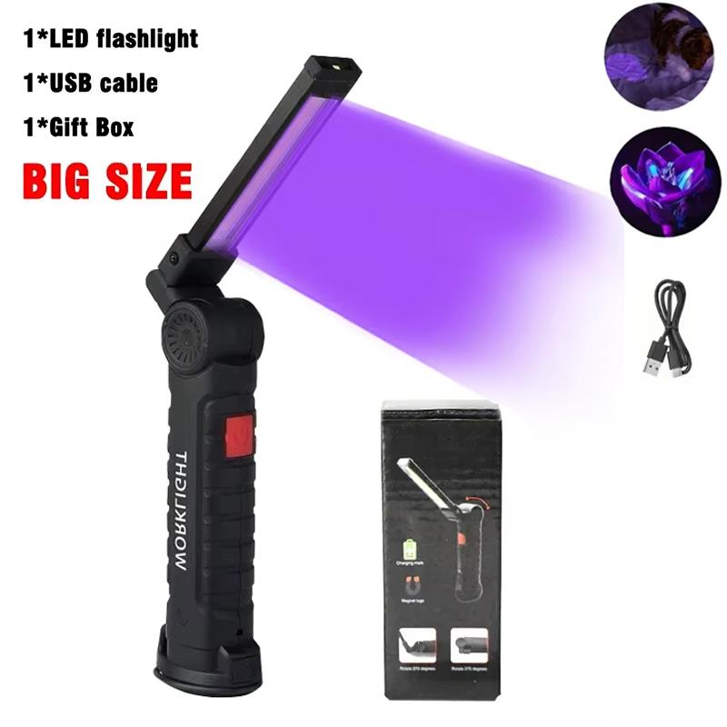 395nm LED UV Flashlight USB Rechargeable Foldable Lamp with Magnet Hook UV Light Ultraviolet for Pet Urine Detector Resin Curing