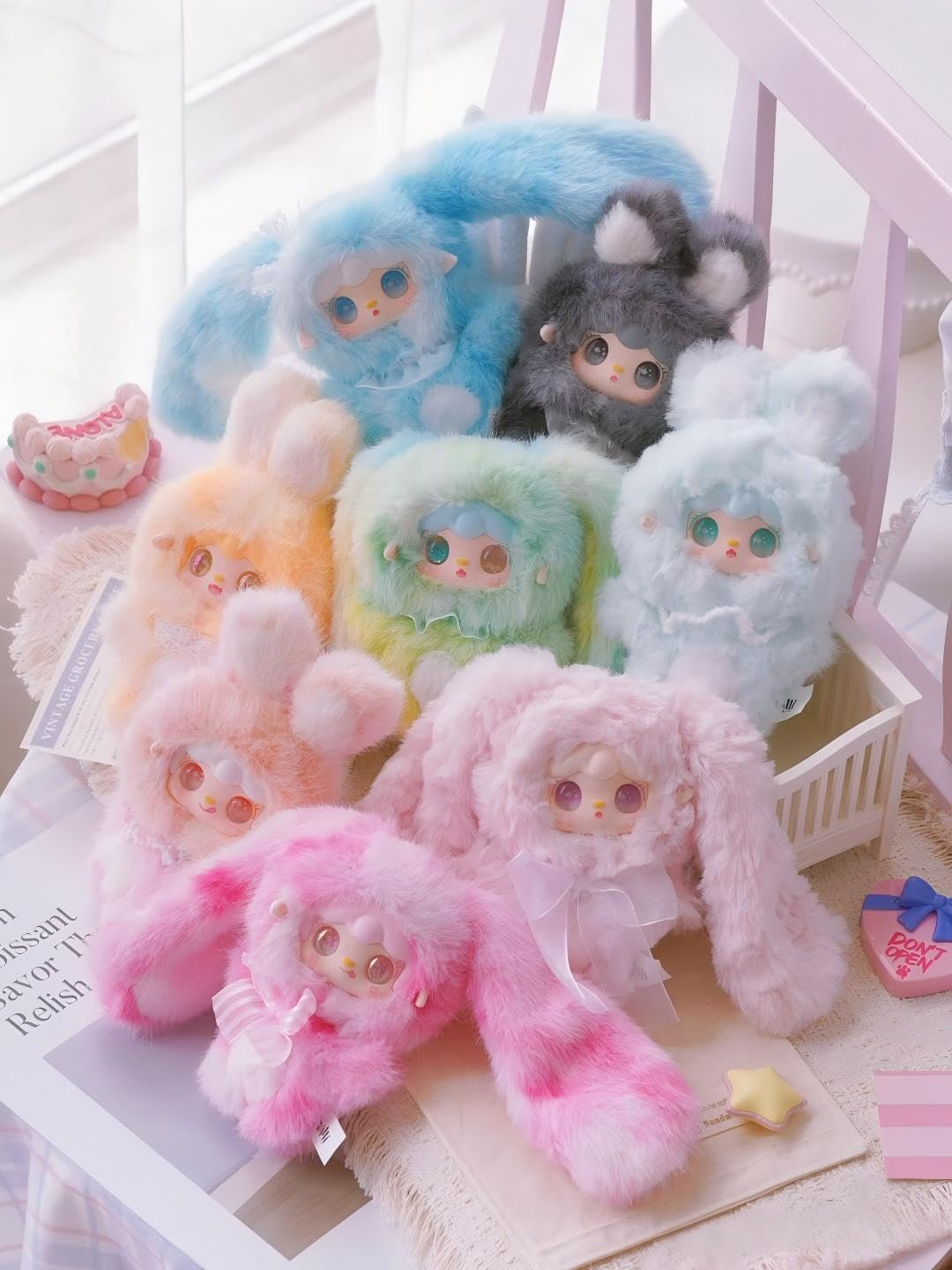 

Полная коробка из 8 плюшевых кроликов YOOKI Bouncing Rabbit в слепых коробках, Официально подлинные, Глаза с кинетическим песком и гальванизированные глаза, Градиентные цвета, Милые, Успокаивающие,