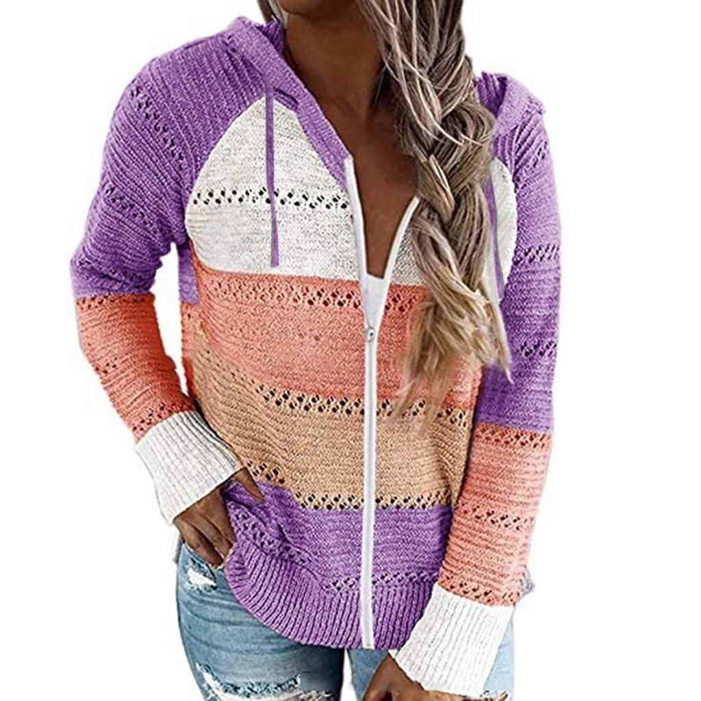 Womens Zip Up Color Block Hoodie Sweaters Long Sleeve Cardigan Sweatshirts