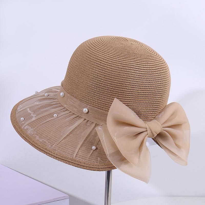 Summer large brim pearl decorative bow straw hat women's fashion outdoor travel vacation sun hat