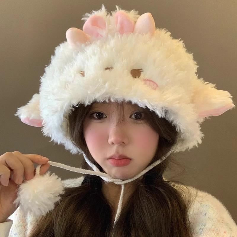 Lamb Ear Hat Women's Autumn and Winter Sweet and Cute Plush Hat Shows a Small Face and Keeps Warm Furry Ear Hat Tide