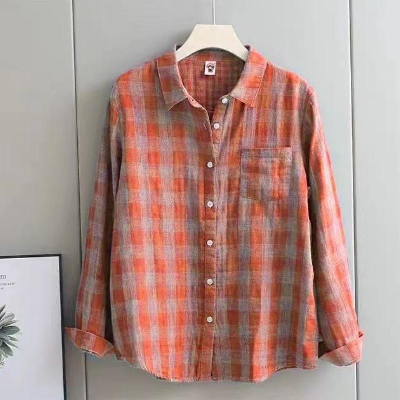 

Рубашка с длинными рукавами из двухслойной хлопковой ткани весна-осень, женская, высококачественная, клетчатая, свободного кроя, утягивающая, против старения 4XL