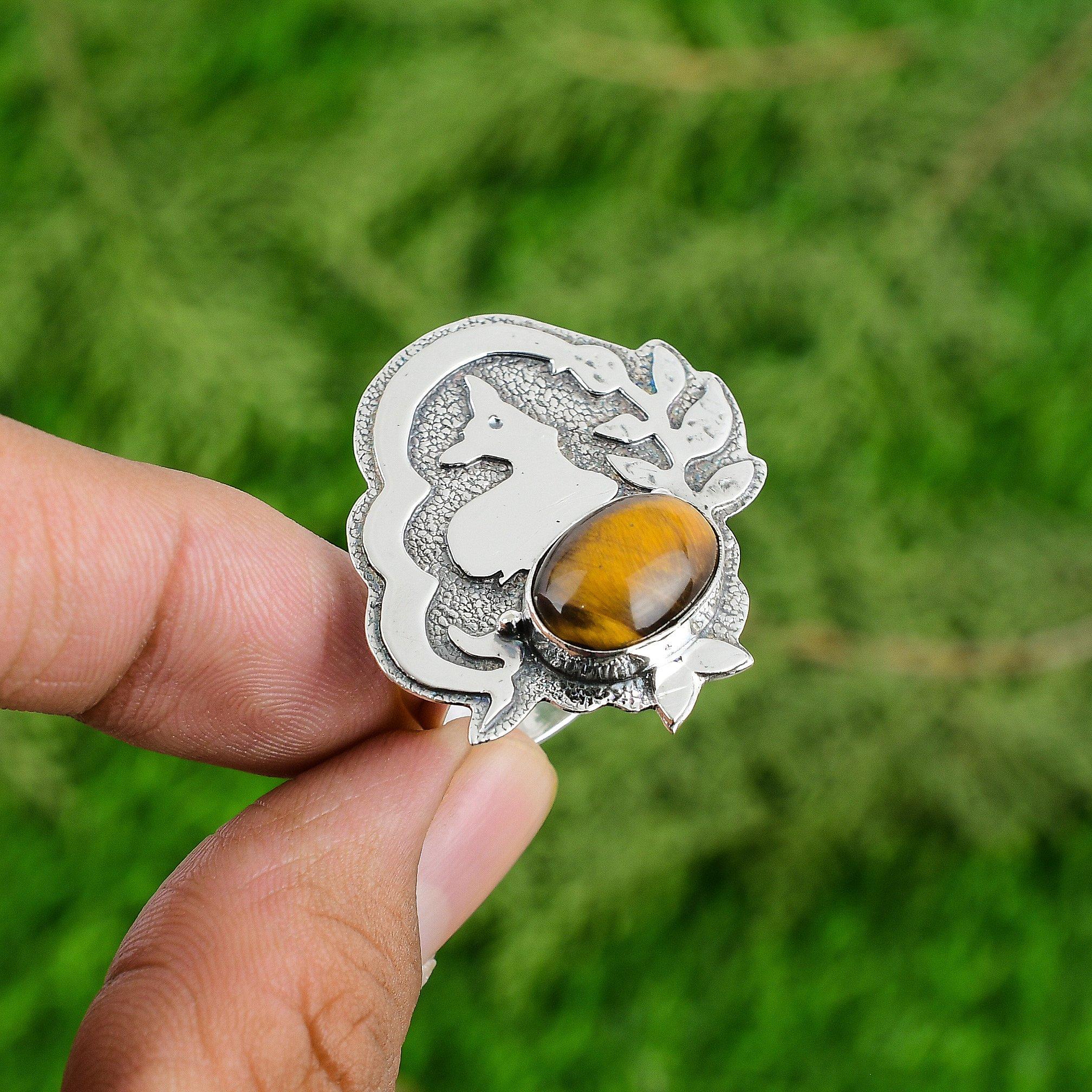 

Oval Tigers Eye Gemstone 925 Sterling Silver Bezel Wedding Wife Statement Ring Adjustable