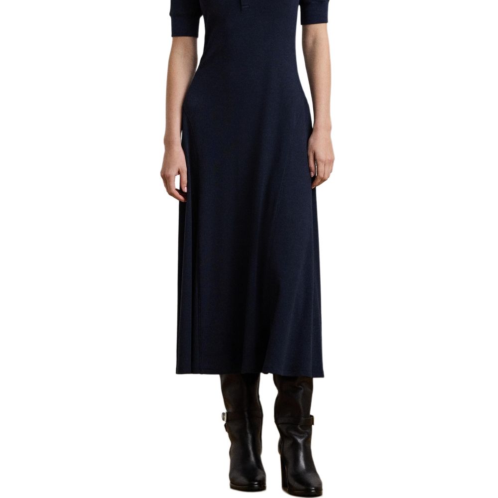 Polo Ralph Lauren Ribbed Embroidered Midi Short Sleeve Dress Women Dresses Navy-Blue 200957638-001