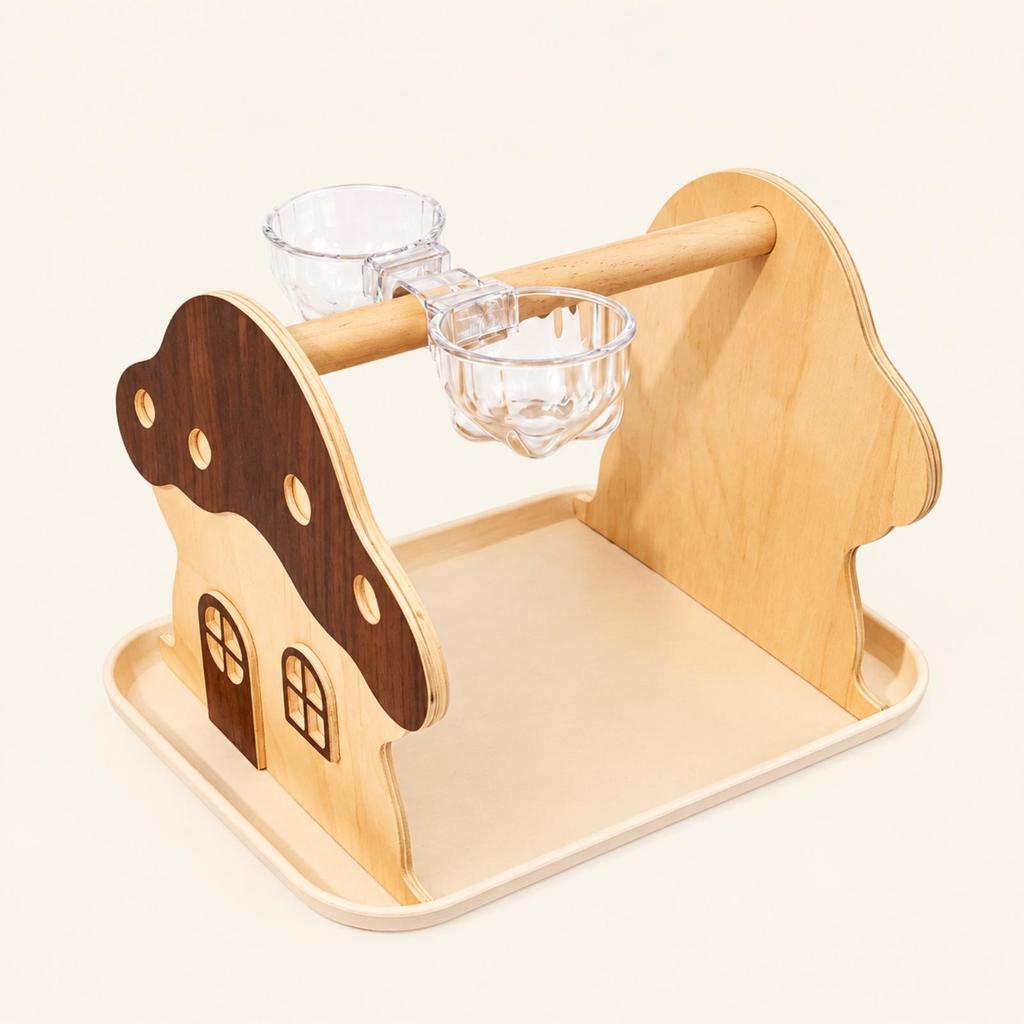 Wooden MushroomShaped Bird Stand Stable Tabletop with Catch Tray Easy to Clean for